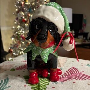 Festive Dachshund Figurine with Santa Hat and Red Boots